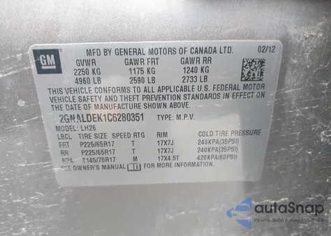 2012 Chevrolet Equinox 1Lt из США, поврежденный, VIN 2GNALDEK1C6280351